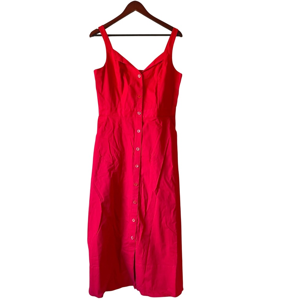 EQUIPMENT Femme Red Button Front Midi Dress‎ Sleeveless V Neck Pockets Size 10